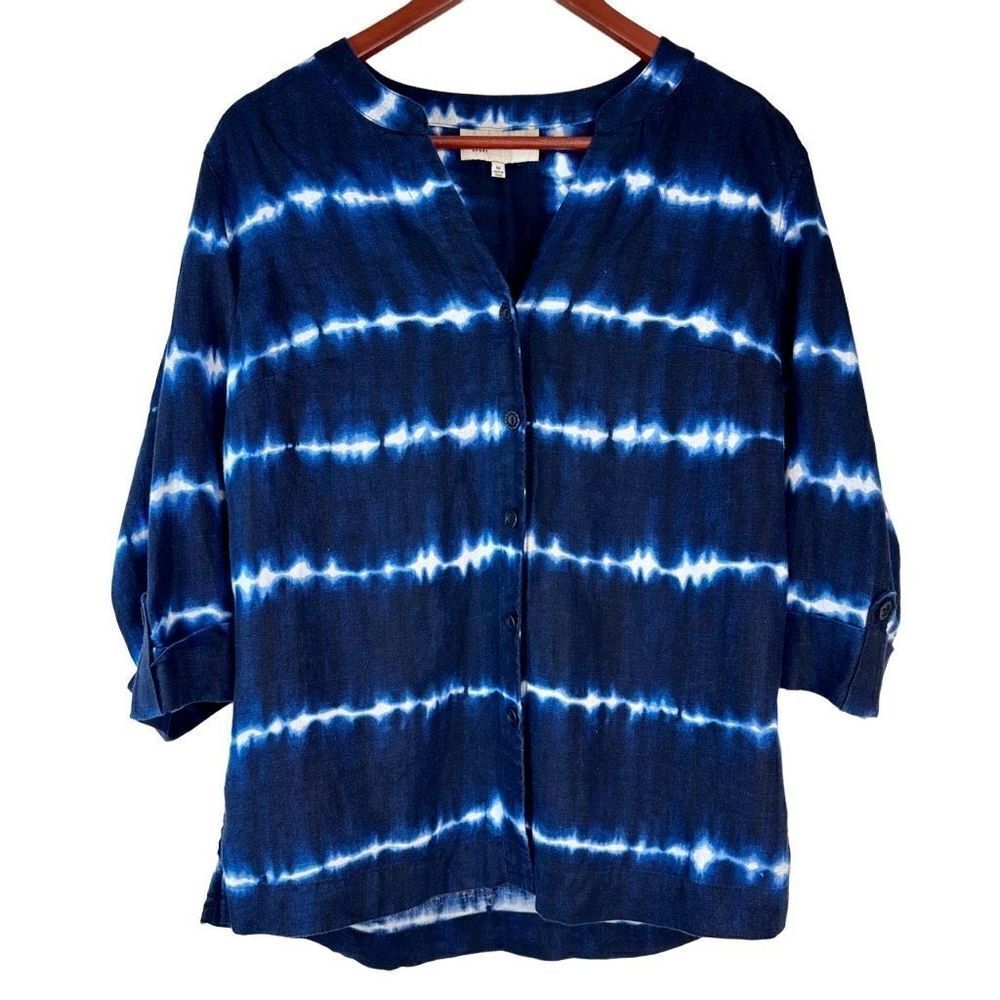 Jones New York 100% Linen Blue Tie‎ Dye Top Womens Medium Boho Relaxed Fit